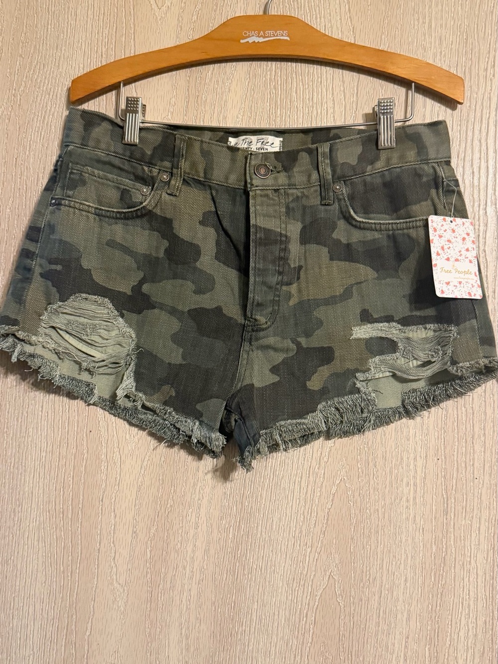We The Free Olive Camo Distressed Denim Shorts